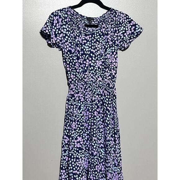NWT Talbots Smocked Splt Neck Dress  XS Blue and Purple‎ Floral Knee Length. - Picture 2 of 6